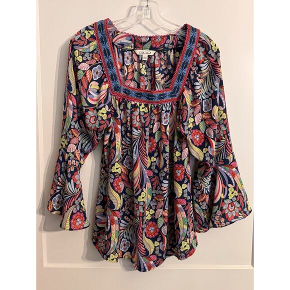 The Pioneer Womens Boho Floral Square Neck Flutter Sleeve Blouse Top Shirt Sz L - Picture 1 of 7